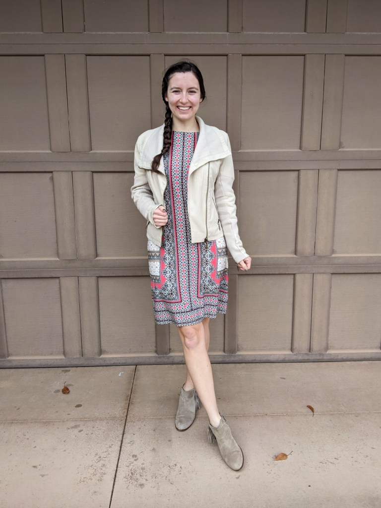 \"patterned-dress-professional-beige-jacket-fall-outfit\"